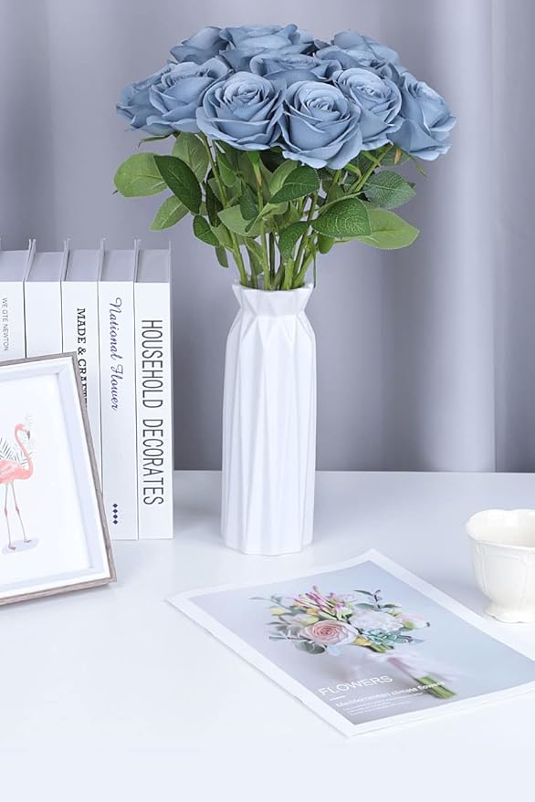 Artificial Rose Flower Artificial Flowers Flower with Long Stem Silk Roses Bouquet for Wedding Bridal Shower Party Home Decoration (Dusty Blue, 30 Pcs)