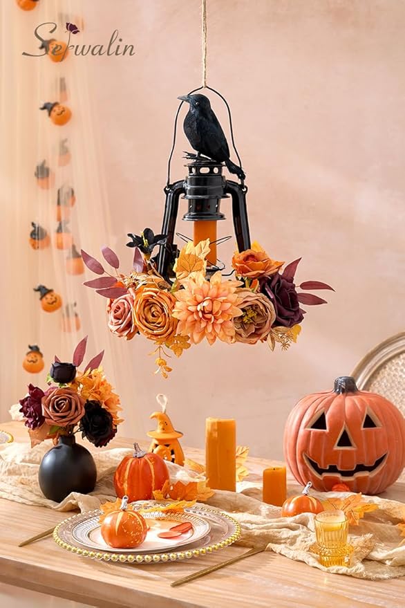Serwalin Artificial Orange & Black Flowers, Silk Fake Flowers for DIY Wedding Bouquets Cake Flower, Harvest Table Centerpieces Birthday Party Home Halloween Decorations