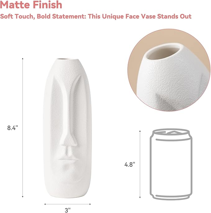 White Ceramic Face Vase - 8.4" Unique Flower Vase with Matte Finish, Decorative Boho/Farmhouse Vase for Pampas Grass & Centerpieces, Living Room/Office Desk Decor & Gift for Her/Yourself