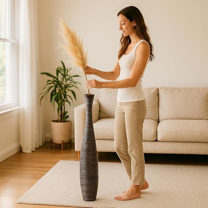 Leewadee Large Brown Home Decor Floor Vase - Wooden 41 inch Tall Farmhouse Decor Flower Holder for Fake Plant and Pampas Grass
