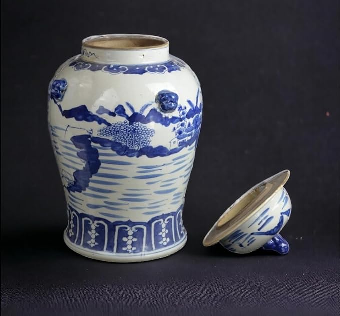 19" Antique Like Finish Blue and White Ginger Jars Porcelain Temple Ceramic Ginger Jar Vase, Antient Landscape China Ming Style, Jingdezhen (L19)
