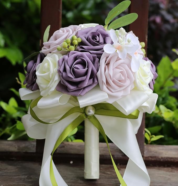 Lightweight Bridal Wedding Bouquet Round Holding Bouquet Throw Toss Artificial Rose Flower Bunch for Bride Bridesmaid Wedding Quinceanera (Cream, Deep Taro & Light Taro, 9.1")