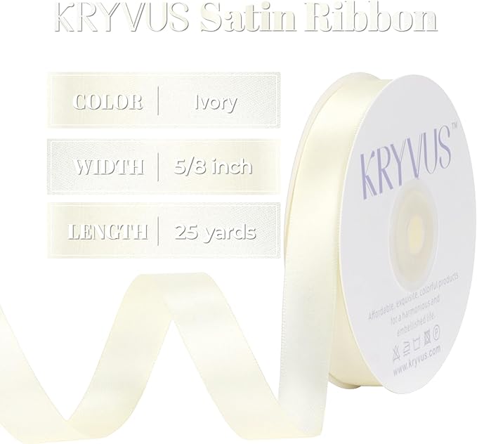 Ivory Satin Ribbon, Double Faced 5/8 Inch X 50 Yards Ivory Ribbon, Premium Satin Ribbon for Gift Wrapping, Crafts, Hair Bow Making, Sewing, Flower Bouquet, Wedding Party Decor