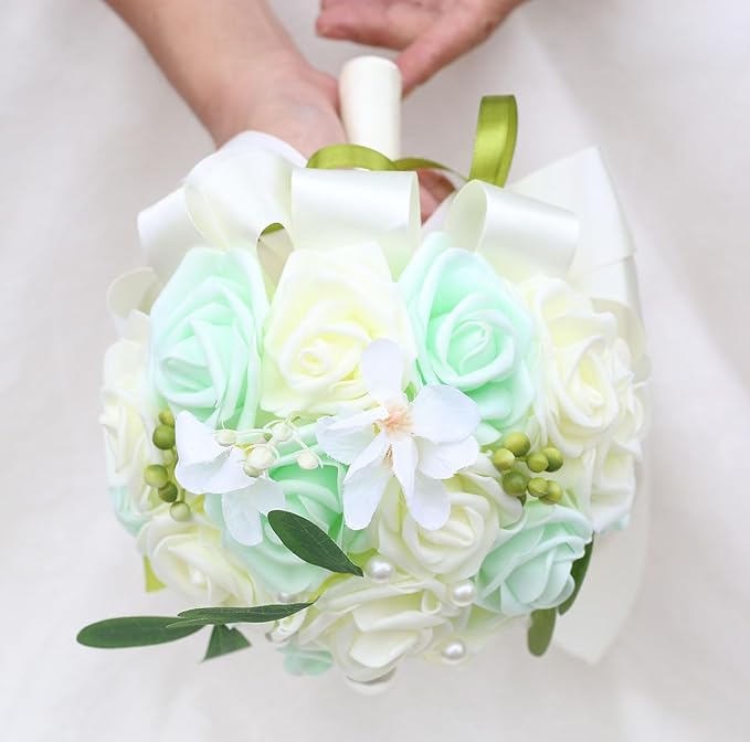 Lightweight Bridal Wedding Bouquet Round Holding Bouquet Throw Toss Artificial Rose Flower Bunch for Bride Bridesmaid Wedding Quinceanera (Cream & Light Cyan, 6.7")