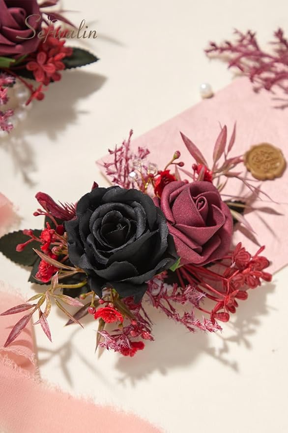 Serwalin Black Bungundy Wrist Corsage and Boutonniere Set 2pcs, 6-7inch Boutonniere for Men, Corsage Wristlet Wristband Prom Flower Wedding Flowers Accessories Prom Suit Decorations