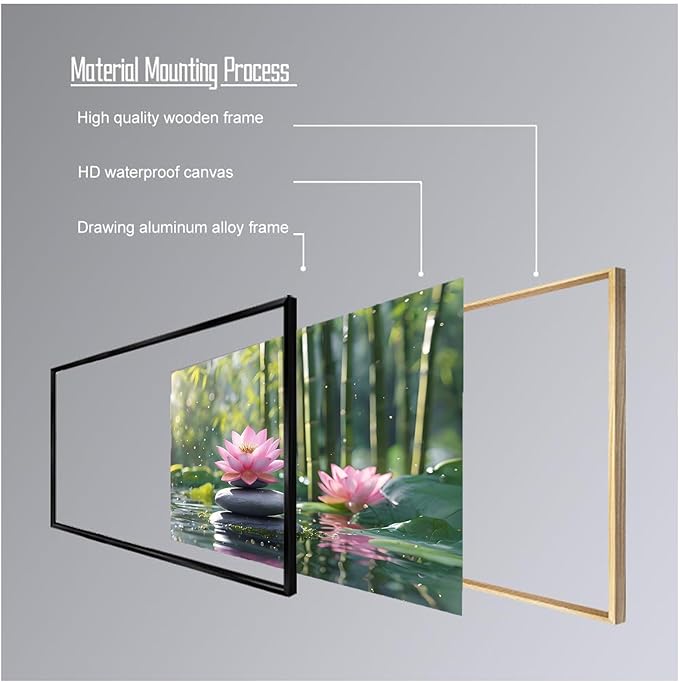 Ethereal pink lotus on obsidian Sunlit bamboo forest with sparkling water drops Poetic nature inspired wall art for tranquil homes and mindful spaces 16x24in Metal blackFramed