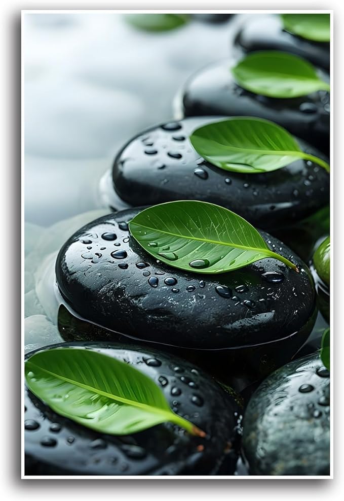 Glittering black stone cluster with fresh green leaves and water drops poster tranquil mist rain wall art zen wall art suitable for modern minimalist home decor 32x48in Frameless
