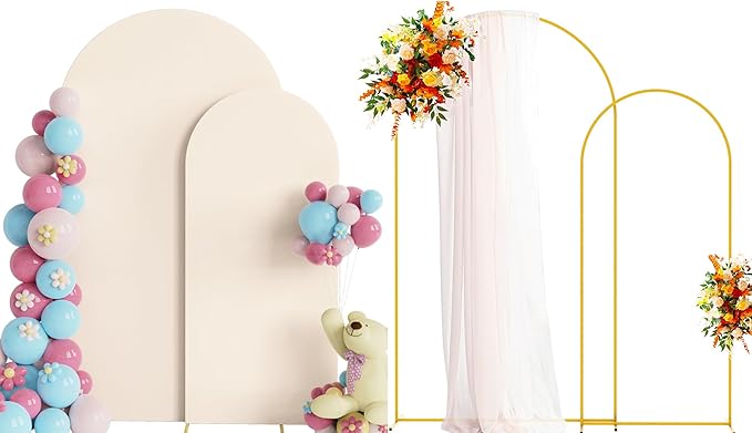 Putros Metal Arch Stand with Cover Set of 2 Beige Spandex Fitted Wedding Arch Cover and Round Top Chiara Backdrop Stand for Birthday Party Baby Shower Decoration 7.2FT, 6FT