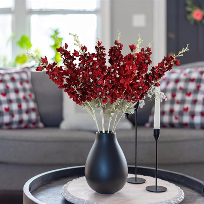 8pcs Red Delphinium Artificial Flowers 33.5in Long Stem Larkspur Fake Silk Flowers for Tall Vase Faux Flowers for Home Wedding Baby Shower Floral Arrangement Centerpiece Table Decor (Dark Red)