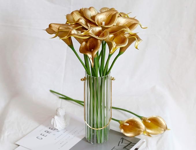 DuHouse 20Pcs Artificial Calla Lily Flower Real Touch Latex Flowers for DIY Wedding Bouquet Party Home Decor (18k Gold)