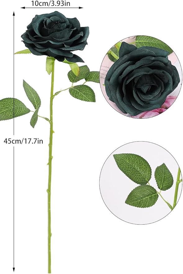 12pcs Artificial Rose Flower Dark Green Rose Emerald Green Flower with Long Stem Silk Roses Bouquet for Wedding Bridal Shower Party Home Decoration