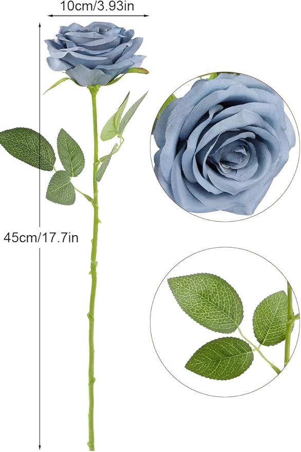 Artificial Rose Flower Dusty Blue Flowers Dusty Blue Roses Silk Flowers 50 pcs with Long Stem Silk Roses Bouquet for Wedding Bridal Shower Party Home Decoration
