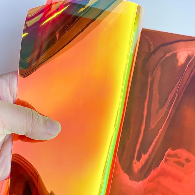 ONEART | 16 Gauge Holographic Iridescent Plastic Vinyl, 16"x54" Transparent Vinyl Fabric-Orange