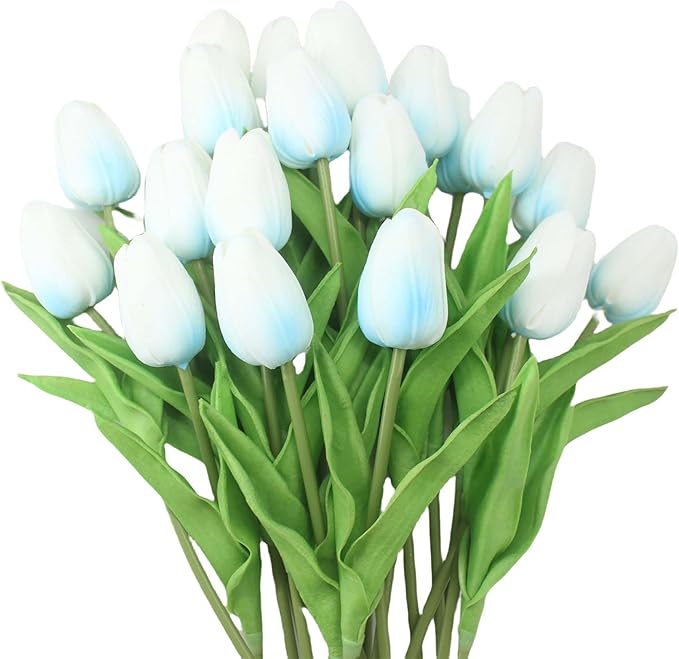 10-Heads Home Decor Mini Tulip Real Touch Tulips Artificial Flowers Bouquets for Home Wedding Party Centerpiece Decoration (Blue)