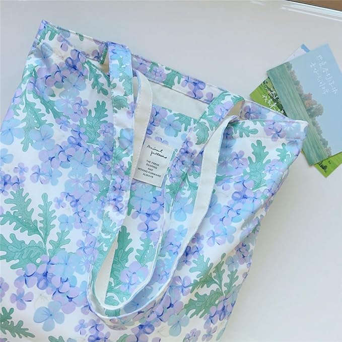 Cotton Canvas Tote Bag Reusable Soft Grocery Cloth Bag Floral Shoulder Bag for Beach Travel Shopping