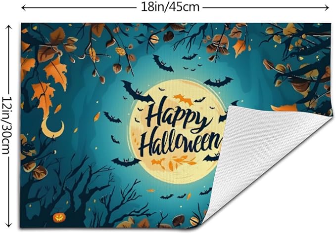 PVC Placemats Set of 6 Wipeable Table Mats Washable Heat Resistant Non Slip Vinyl Dining Table Mat for Kitchen Indoor Outdoor Patio Farmhouse Place Mats Halloween Bat Maple Decorative