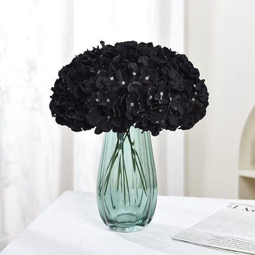 10PCS Silk Hydrangea Heads with Stems Artificial Flowers for Wedding Party Home Decor (Black)
