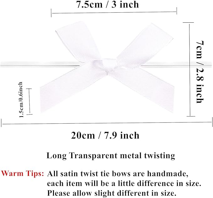 100 Pack 3" White Ribbon Twist Tie Bows, Pre Tied Bows for Gifts, Bow Ties for Bags, Twist Bows for Treats, Bow Twist Ties, Ribbon Bows with Twist Ties, Pretied Bows for Lollipops Cake Pops