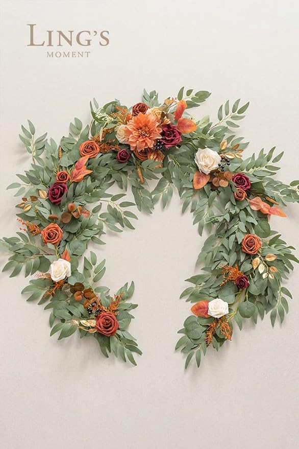 Ling's moment Terracotta Flower Garland - 6FT Eucalyptus & Rose - Sweetheart Table Decor for Wedding Reception, Fall Artificial Floral Garland for Mantle, Christmas Decoration, Burnt Orange