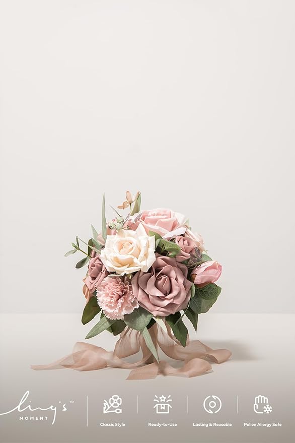 Ling's moment Champagne Gold Bridesmaid Bouquet Set of 4, Gold & Cream Wedding Bouquets for Bridesmaids, Sand Dun 7 Inch Bridal Bouquets for Bridesmaids, Wedding, Ceremony, Anniversary, etc.