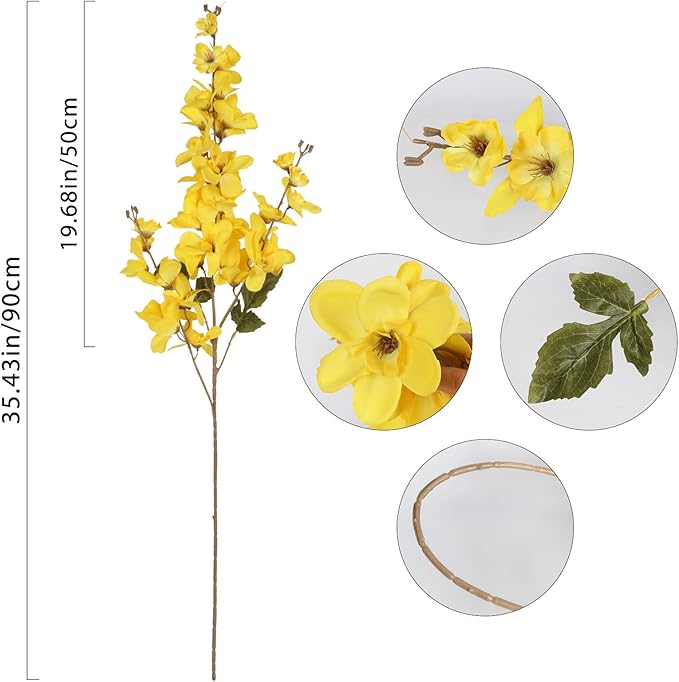 6PCS Yellow Delphinium Artificial Flower Lifelike Silk Larkspur Flowers Plant 35.43" Long Stem Blossoms Fake Flowers for Tall Vase Floral Arrangements Home Table Wedding Decor(Yellow)
