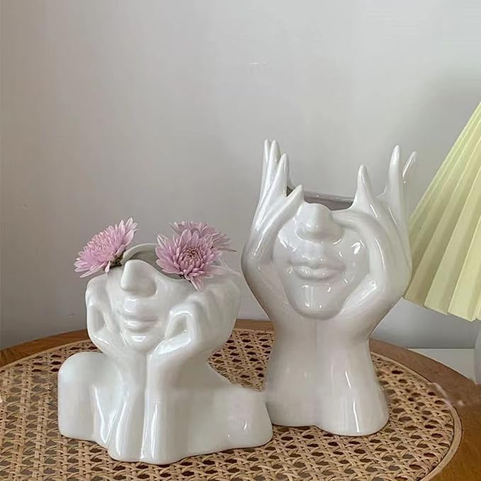 Face Vase Unique Ceramic Vase for Room,Office,Home Decor,White,C
