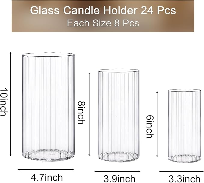 PHOSPHOR 24 Pcs Hurricane Candle Holders for Pillar Candle 6'', 8'', 10'' Tall Glass Cylinder Centerpieces Vases Floral