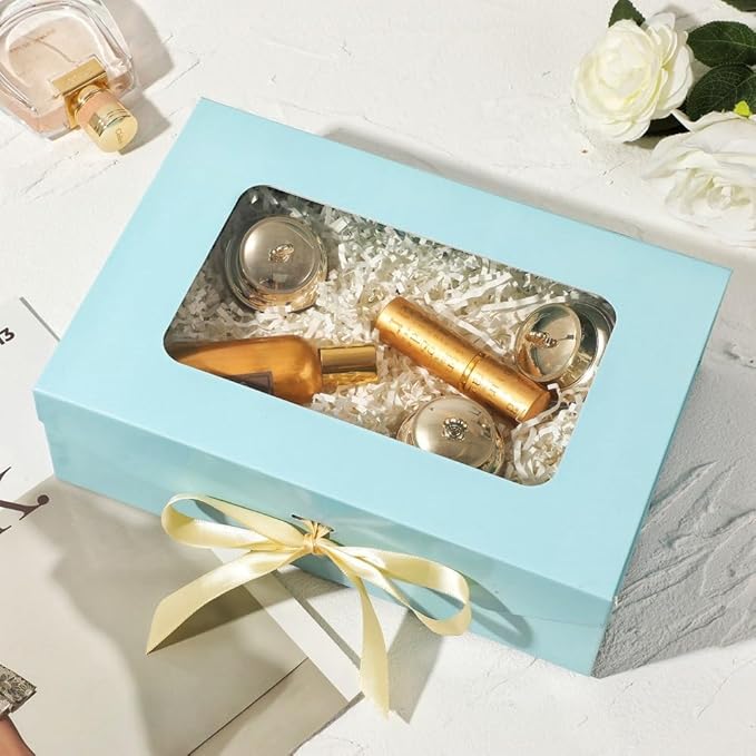5 Pcs Blue Gift Box for Presents with Ribbon 10.8x7.5x3.5 Inches Clear Gift Box with Window Magnetic Closure Gift Boxes with Lids
