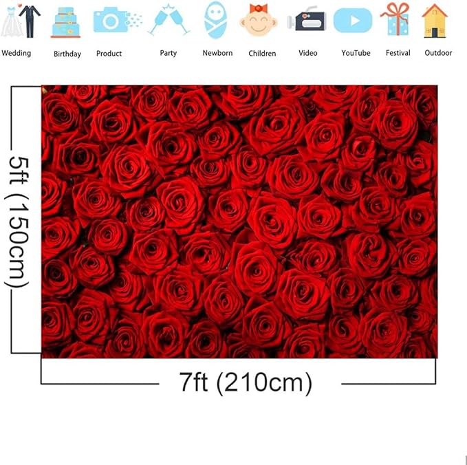Red Rose Backdrop Flowers Rose Wall Photo Background Valentine's Day Backdrop Wedding Bridal Shower Photo Booth Mother's Day Birthday Party Dessert Table Banner Lovers Portraits Props 7x5ft
