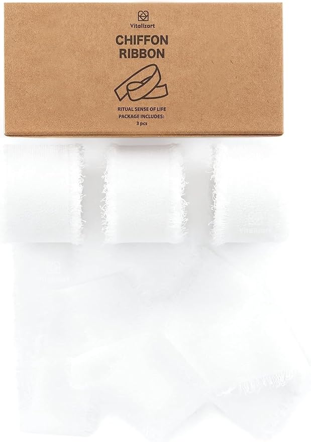 Vitalizart White Chiffon Silk Ribbon 1" x 21 Yd Fringe Fabric Package (3 Rolls * 7 Yd) for Wedding Invitations Bridal Bouquets Decorations Gifts Wrapping & Bow Making Off White