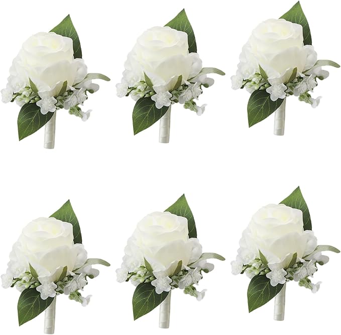 Meldel White Boutonniere for Men Wedding,Set of 6,Groomsmen Groom and Best Man Boutonniere for Wedding Prom, Rose Boutonniere for Men Wedding Ceremony Anniversary Party Homecoming