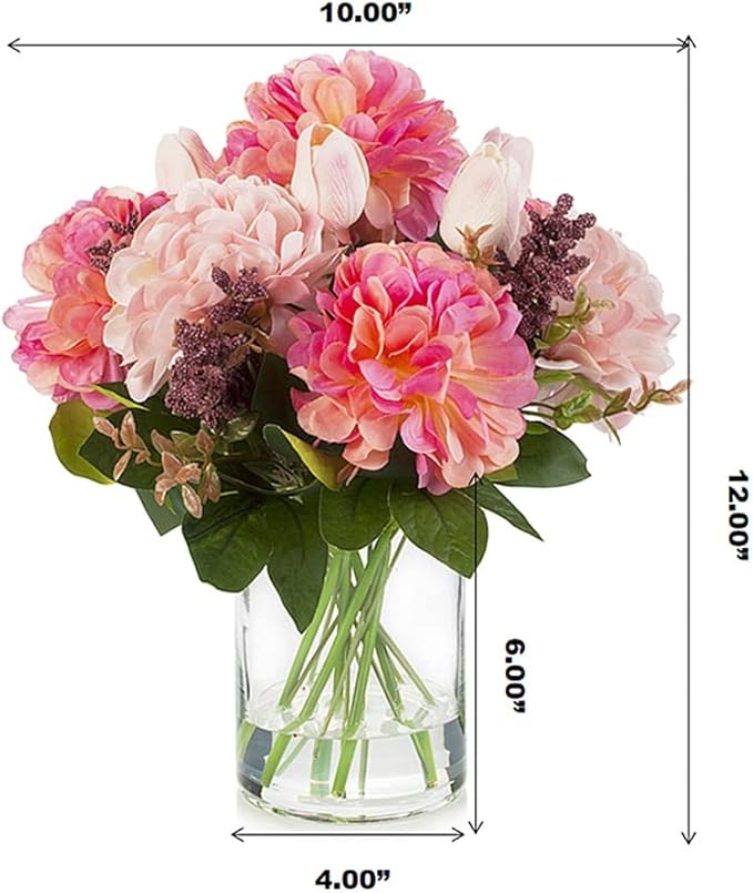 ENOVA FLORAL Tulip Real Touch Artificial Flower Arrangement with Vase, Mixed Dahlia Silk Flower in Vase for Dining Table Decorations, Wedding Centerpiece (Pink)