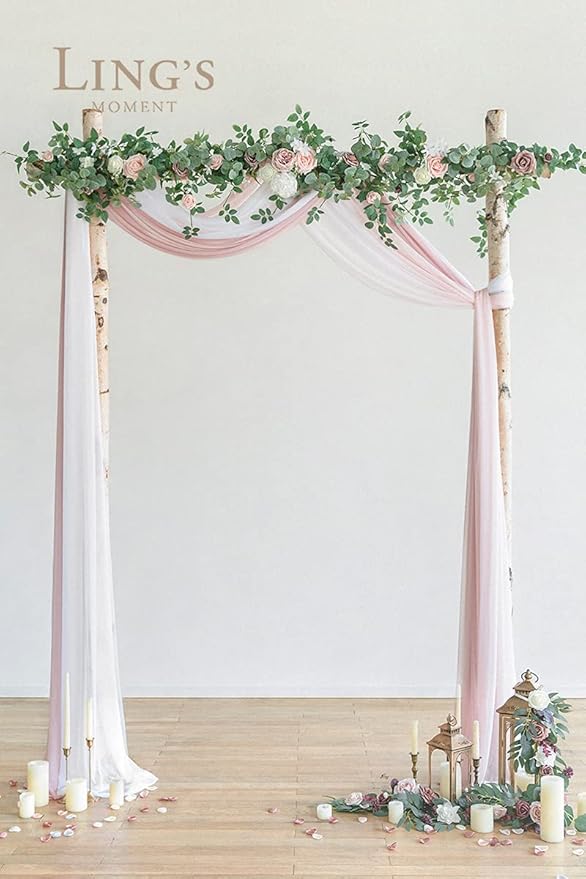 Ling's Moment Wedding Arch Draping Fabric 3 Panels 20Ft Chiffon Fabric, Sheer Hanging Drapes Arrangement for Wedding Ceremony Backdrop Outdoors Party Swag Home Decor (Dusty Rose & White & Blush)