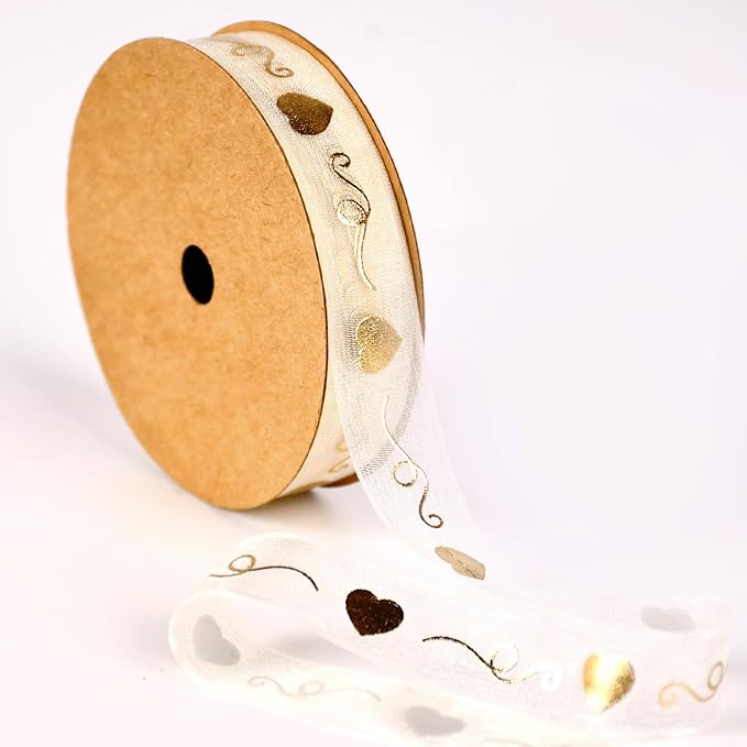‌SAYUAN Gold Hearts Ribbon 5/8 Inch x 30 Yards Organza Ribbon with Gold Heart Pattern for Valentine's Day Birthday Christmas Gift Wrapping Handmade Crafts Floral Bouquet Wedding Party Decoration