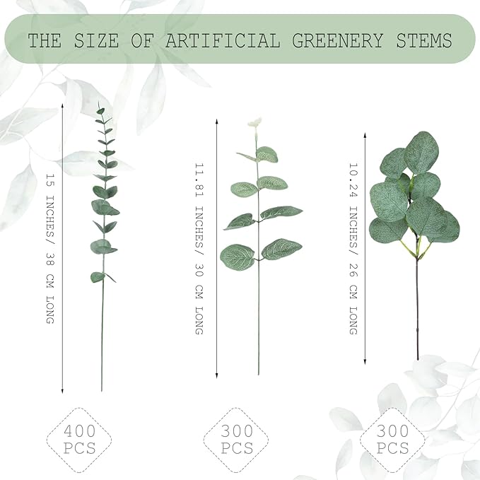 Giegxin 1000 Pcs 3 Kinds Mixed Eucalyptus Leaves Stems Bulk Artificial Silver Dollar Leaves Picks Dried Eucalyptus Bundle Faux Spray for Wedding Vase Bouquet Floral Arrangement (Green)