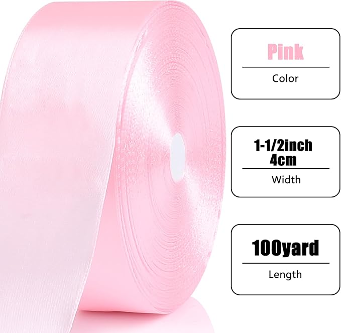NESCCI 100 Yards Ribbon,1-1/2 Inch Pink Satin Ribbon,Single Face Satin Ribbons,Perfect for Gift Wrapping,Wedding Decoration,Handmade Bows, Wrapping Bouquet and More