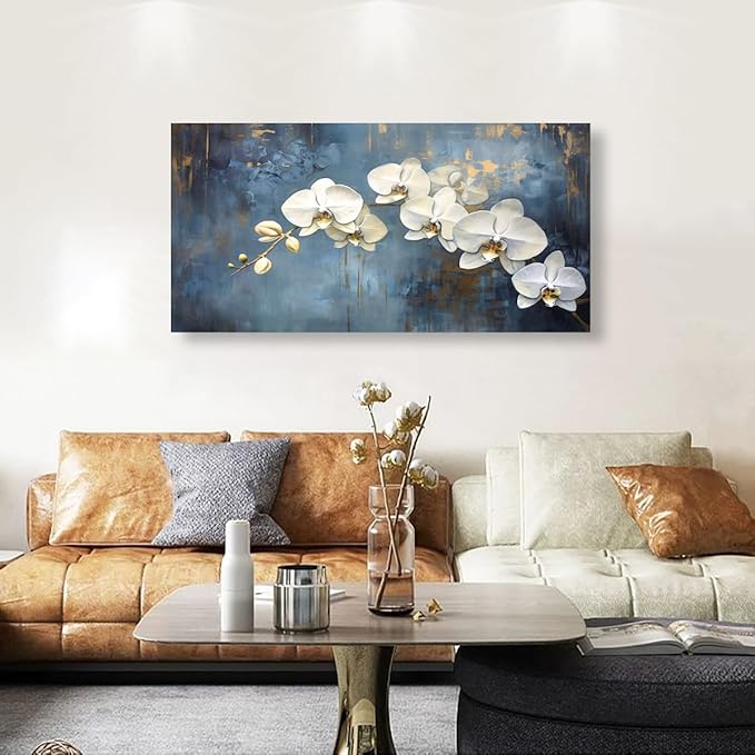 Abstract White Butterfly Orchid Canvas Wall Art for Living room Office Bedroom Flowers Wall Art Print Oil Paintings Modern Blue Gold Rain Mist Pictures Wall Decor Artwork Ready to Hang - 28in * 57inch