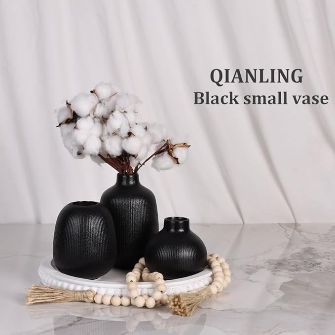 Black Ceramic Vase Set of 3, Minimalist Decor, Home Decorative Vase, Modern Ribbed Vases, Black Vase Set for Kitchen, Bedroom, Office, Living Room, Bathroom, & Shelf Centerpiece Table Decoration