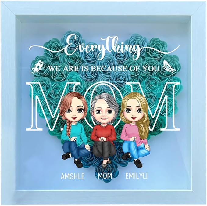 Personalized Mom Flower Shadow Box Custom Heart Shaped Rose Flower Shadow Box Frame Everything We Are Is Because Of You Mother's Day Portrait Shadowbox Memory Gifts for Mom from Daughter