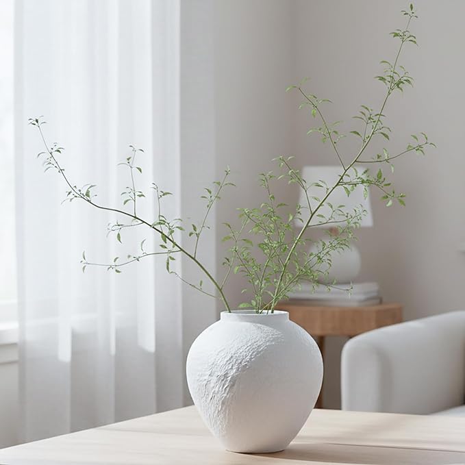 Vintage Ceramic Vase, Minimalist Texture Stone Patterned White Flower Vase, Decorative Vase for Living Room Shelf Farmhouse Dining Table Centerpiece Decor (White Texture 7.9'')