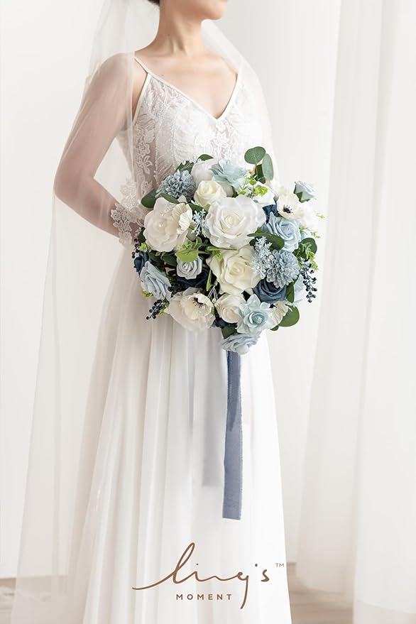 Ling's moment Dusty Blue Bridal Bouquet for Bride, Blue Wedding Bouquets for Bride, 9 Inch Silk Round Artificial Wedding Flowers Bouquets