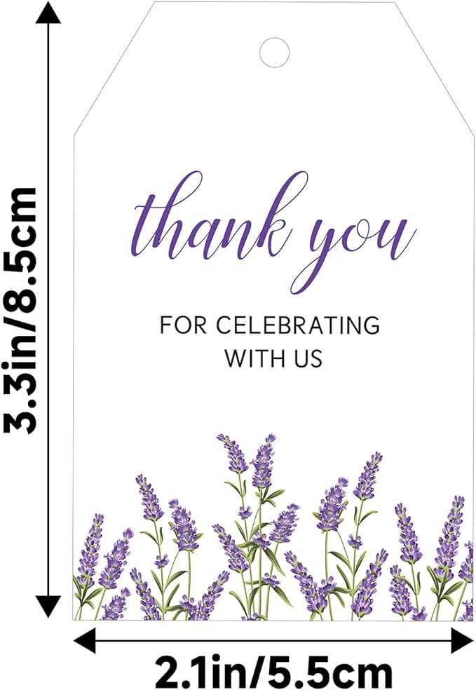 G2PLUS 50Pcs Lavender Thank You Tags - Floral Gift Tags with String, Thank You for Celebrating with Us Tag, White Paper Party Favors Hangtag for Wedding, Baby Shower, Bridal Shower, Birthday