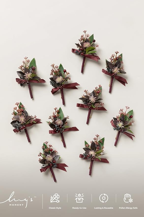 Ling's Moment Boutonniere for Men, 10pcs Groomsmen Guest Boutonniere, Artificial Flowers for Wedding Décor/Prom/Homecoming,etc.Black Baccara Burgundy
