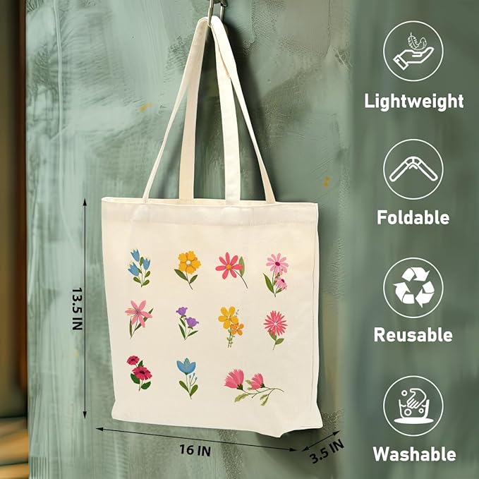 Aesthetic Floral Canvas Tote Bag for Women with Pocket, Tote Bags for Grocery Shopping Travel Christmas Birthday
