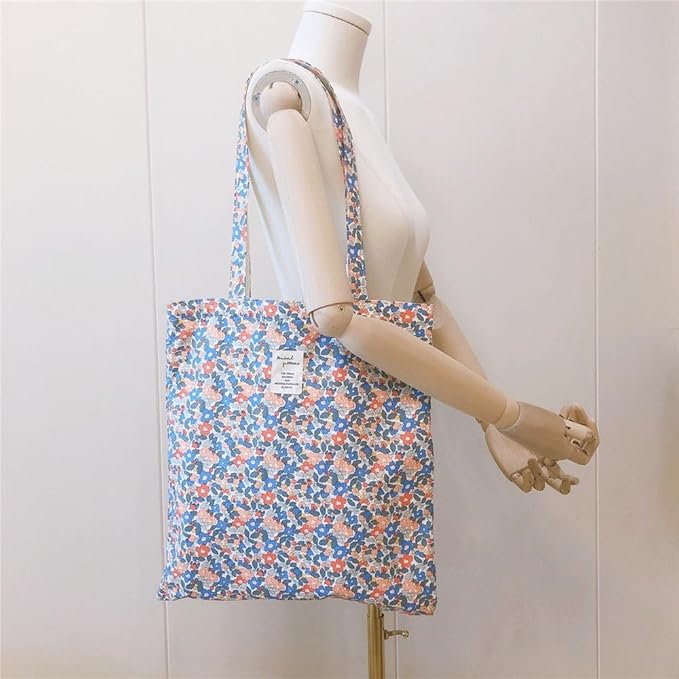Cotton Canvas Tote Bag Reusable Soft Grocery Cloth Bag Floral Shoulder Bag for Beach Travel Shopping