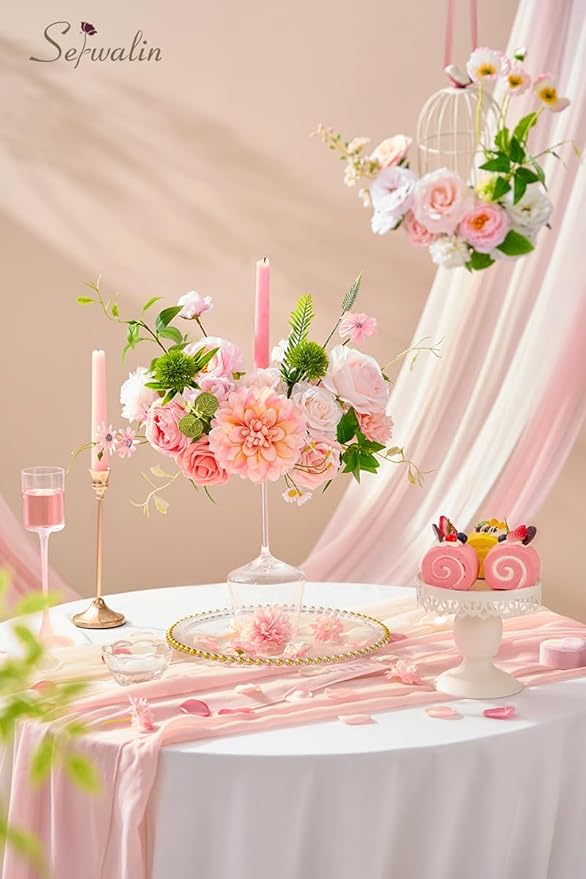 Serwalin Artificial Silk Flowers Blush Pink, Fake Flowers Stems for Wedding Bouquets DIY, Baby Shower Centerpieces, Cake Decor, Birthday Party & Home Decor (Pale Pink)