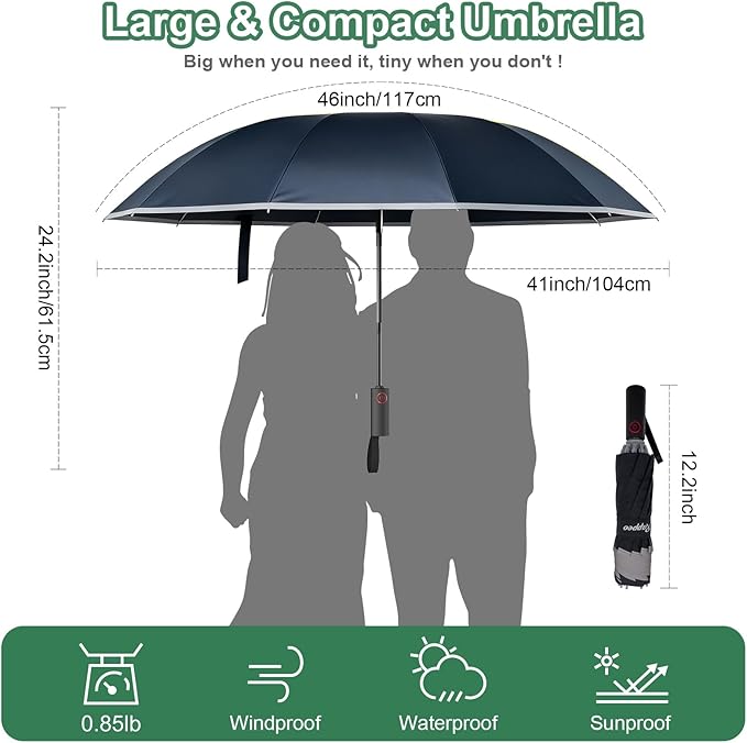 4-in-1 Inverted Travel Umbrella Compact, Automatic Large Umbrellas for Rain & Sun, Portable Windproof Umbrella for Backpack, Reverse Folding Umbrella for UV with Reflective Strips,Lightweight