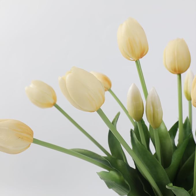 15 Pcs Off White Artificial Flowers Tulips Real Touch Latex Plastic Soft Faux Bouquets for Party, Wedding, Home, Room, Garden Decor