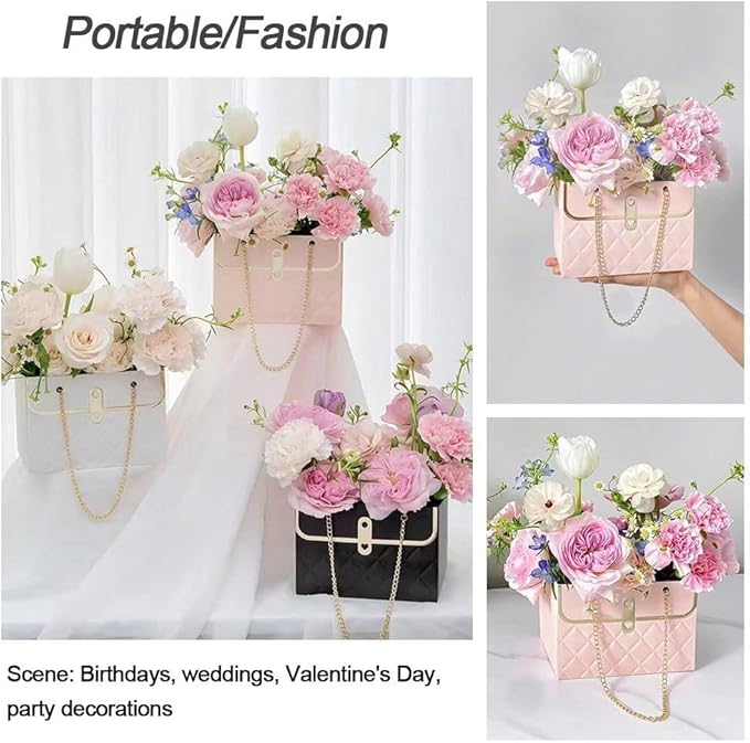 NADUSEP 4 PCS Flower Paper Gift Bag, Bouquet Storage Bucket Florist Handbag with Metal Chain Flower Boxes, Gift Wrap Bag for Arrangements Graduation Wedding Birthday Anniversaries Party, Valentine's Day, Mother's Day Bridal Shower, Anniversary, Thanksg...