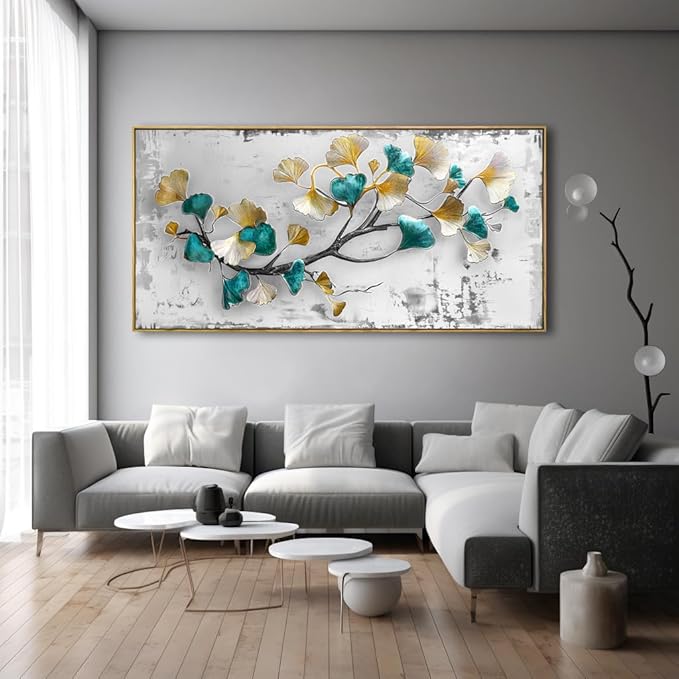 Wall Art Ginkgo Leaf Modern Botanical Artwork Canvas Painting for Living Room Bedroom Dining Room Home Office Decor 24"x48" with Framed